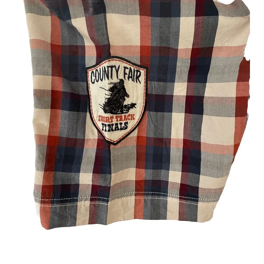 Harley Davidson Motorcycle Patch Button Shirt‎ Blue Beige Plaid HDMC Men's 2XL